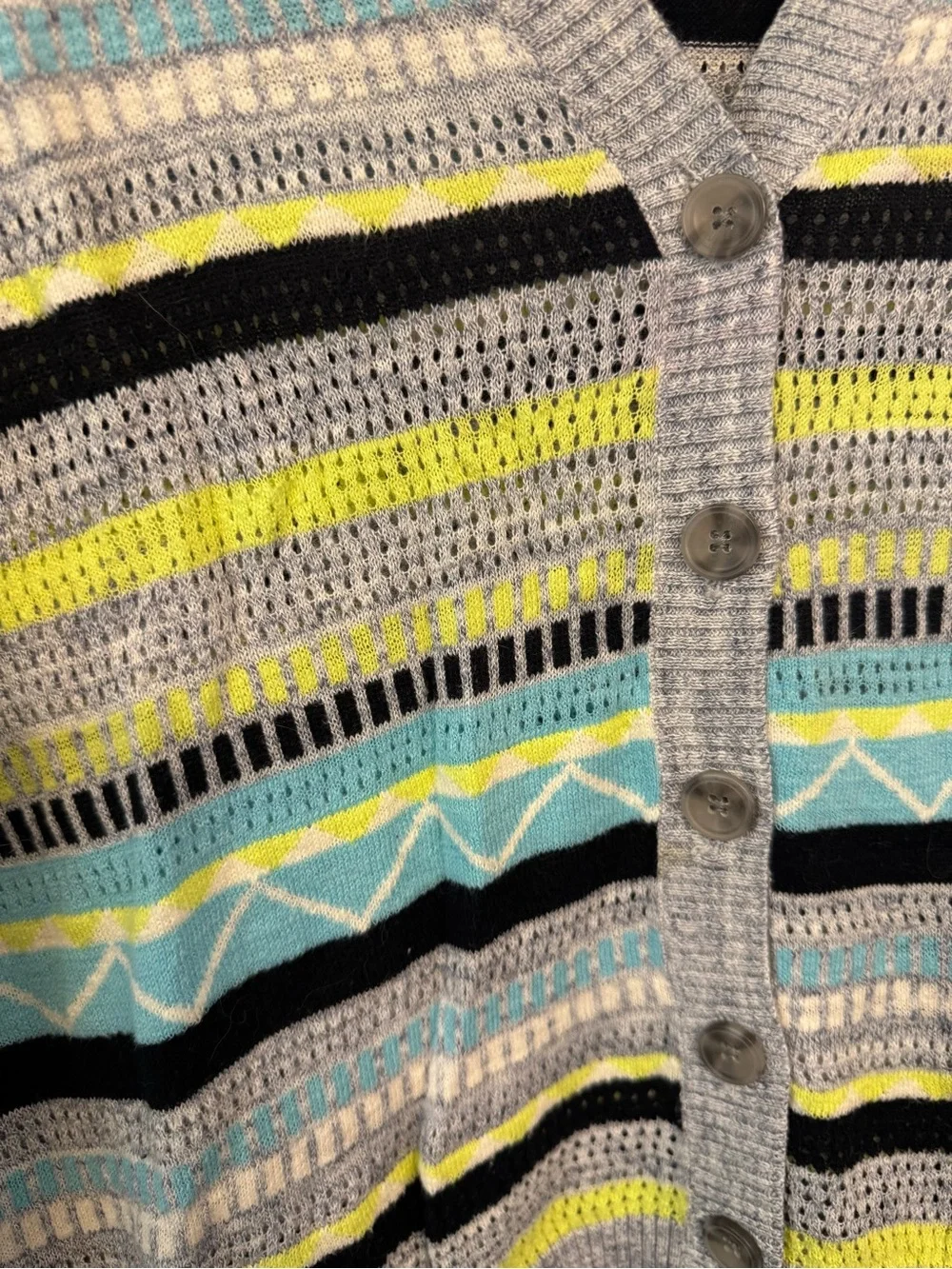 Light Gray Striped Crochet Cardigan with Aqua and Yellow Accents. XL
